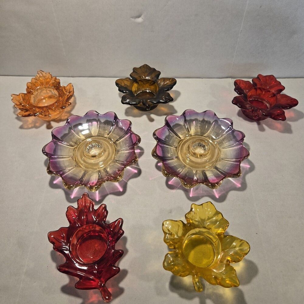 Vintage Federal Glass Celestial Candle Holder Set - Iridescent Sunburst & Autumn
